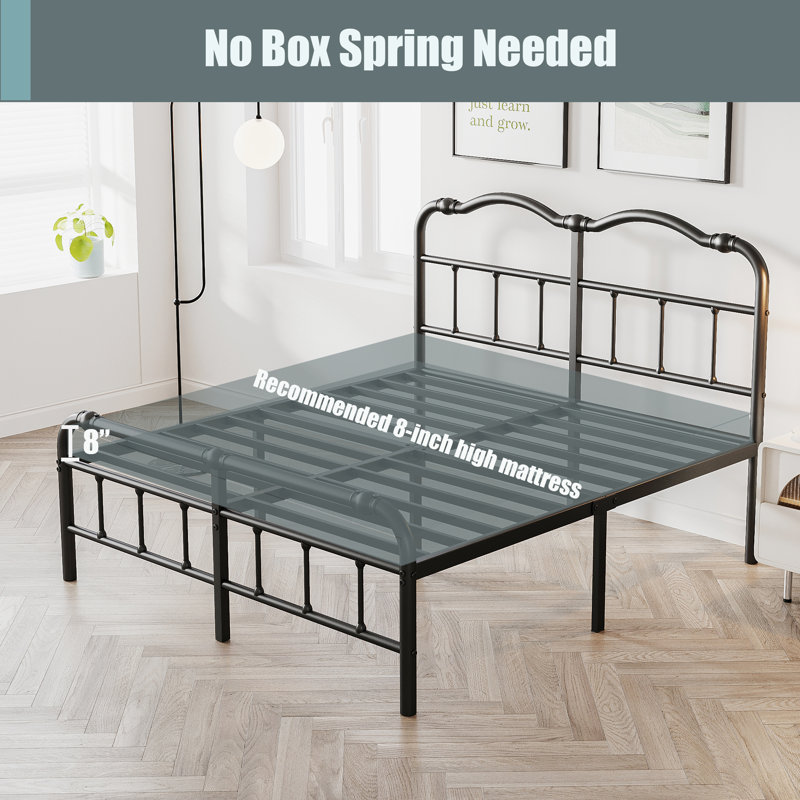 Oley Heavy duty Anti Wobble 14 inch Steel Tube Iron Bed Frame with Wavy Art Headboard under the Bed Frame for Storage Queen